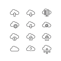 Fototapeta premium Set of outline cloud computing icons depicting various services, data management, security, and networking concepts on a white background.