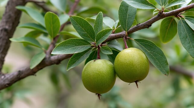 Ripening ziziphus jujube fruits hanging from a leafy green tree branch.
