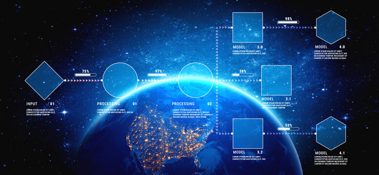Futuristic Data Processing Workflow Over Earth Visualization with Empty Frames for Inputs and Models in Digital Technology Concept Quark.
