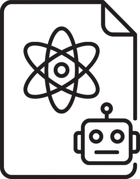 Scientific document with atom symbol and artificial intelligence robot line icon for automated technical writing concepts