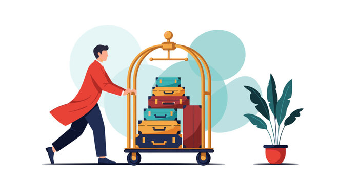 Professional hotel bellhop pushing a gold luggage cart loaded with several suitcases in a flat vector illustration.