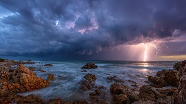 Moody Coastal Sky: Storm Clouds, Rain, and Electric Lightning Over Rough Waters