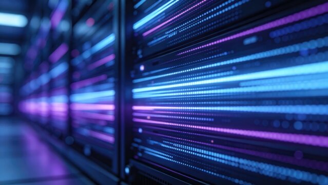 High speed data transfer in server data center with glowing digital network lines and advanced computing infrastructure, idea for big data cloud technology and high performance processing systems
