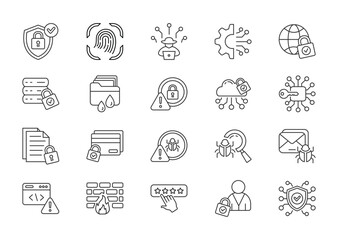 Fototapeta premium Cyber security thin line icon set. Containing security, fingerprint, hacker, technology, network, data, data leak. Vector illustration