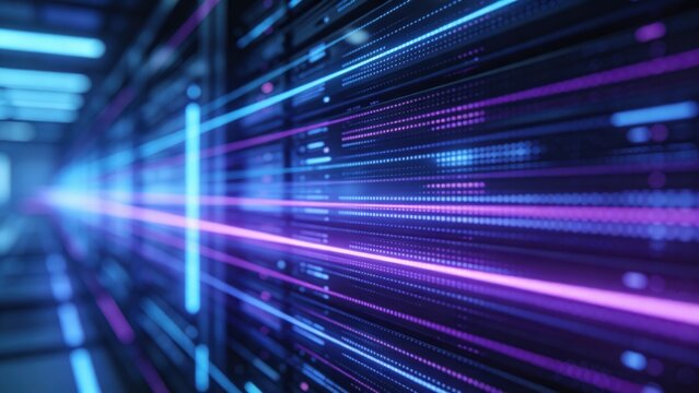 High speed data transfer with glowing digital network lines in futuristic server environment, idea for big data technology cloud computing and high performance information processing systems