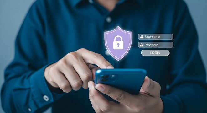 Person in a blue shirt holding a smartphone with a glowing digital security shield and login interface for user authentication, password protection, and cyber security account access concepts