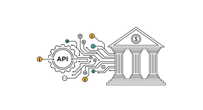 Technical illustration shows an API gateway connecting complex circuitry to a traditional bank building, representing digital banking and fintech.