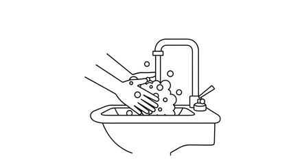 Fototapeta premium Detailed line drawing emphasizes the importance of hand washing with soap and water to maintain personal hygiene and prevent the spread of germs.