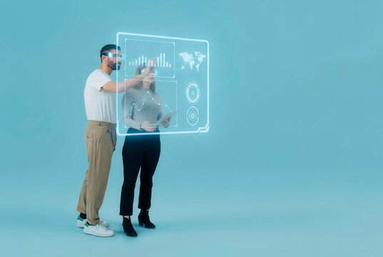 3D team hologram analytics with tablet and shared metrics