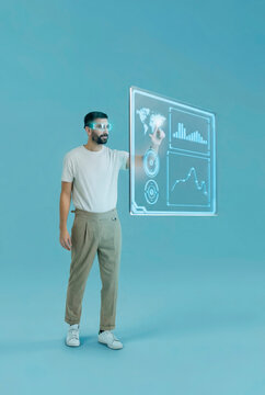 3D engineer hologram panel with global chart interface.