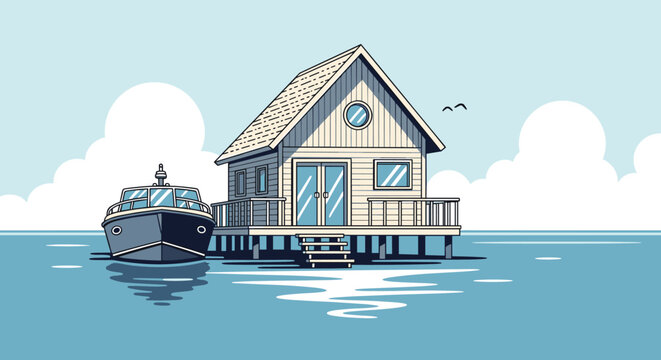 Picturesque beach house stands on stilts over the water with a modern boat docked nearby, evoking a luxury seaside vacation lifestyle.