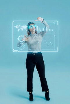 3D woman hologram interface with chart and global display