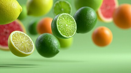 Obraz premium Assorted citrus fruits including lemons, limes, oranges, and grapefruits floating against a green background, showcasing vibrant colors and textures