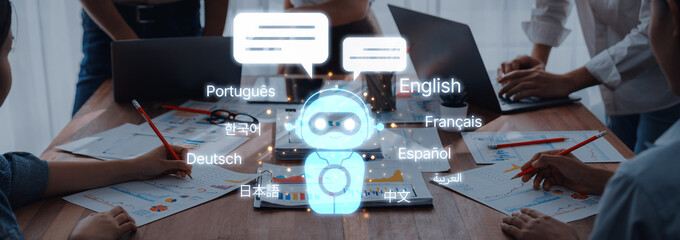 Obraz premium A modern team meeting featuring an AI assistant facilitating multilingual communication, enhancing collaboration, and fostering innovative discussions in a dynamic workspace. Trope