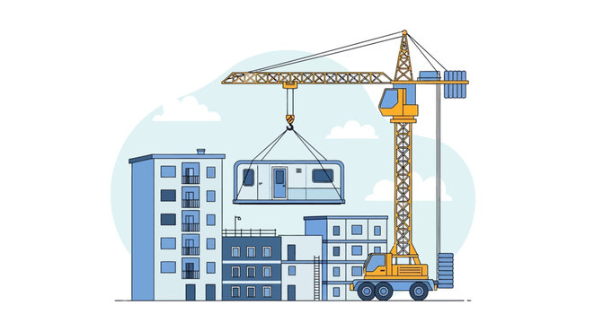 Modern Modular Construction Site Illustration with Crane Lifting Prefabricated Housing Unit for Urban Development