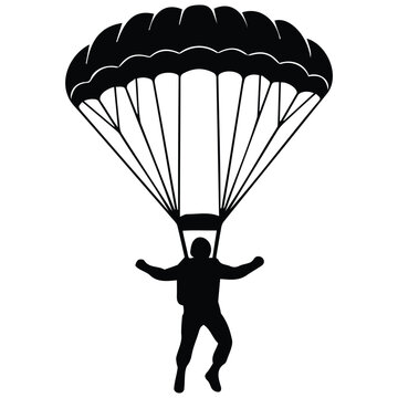 Skydiver parachute vector silhouette illustration depicts paratrooper jumpin line art.