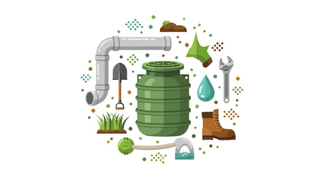 Septic System Maintenance and Plumbing Service Vector Illustration with Green Tank, PVC Pipes, and Professional Tools for Wastewater Management