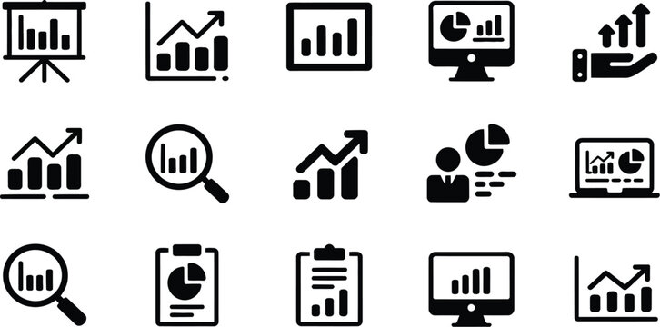 Data analytics icon set features statistical science data information, including financial profit graph, database, statistics, chart, presentation, performance, and review results documents.