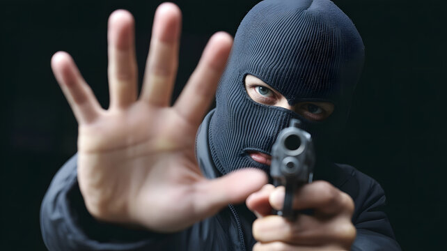 Close-up of masked person holding gun and stopping with hand. Generated with AI