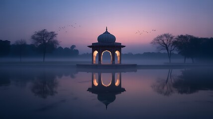 Fototapeta premium Peaceful Mughal Garden Landscape with Blooming Flowers and Ornate Architecture 