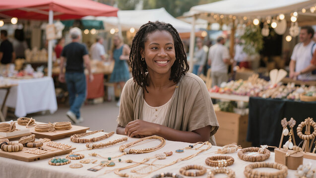 woman selling handmade jewelry at outdoor market, craft fair vendor and small business retail scene