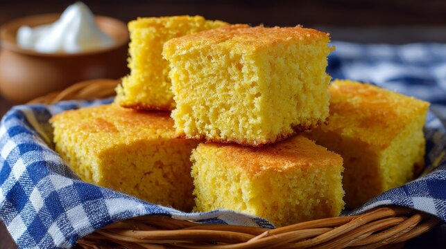 Golden, square cornbread slices sit piled in a wicker basket lined with a blue checkered cloth, with a dollop of cream