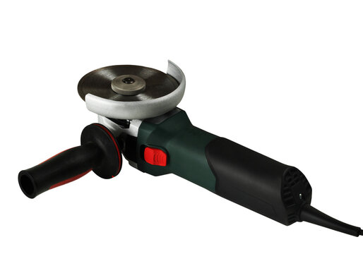 Electric angle grinder power tool with disc, metal grinding machine isolated on transparent background PNG