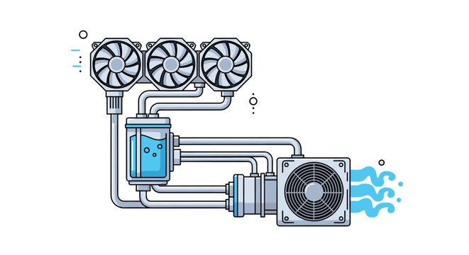 Detailed illustration of a high performance liquid cooling system for a computer featuring three fans a reservoir tank and a radiator.