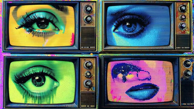 Dynamic footage of four retro televisions displaying colorful pop art close ups of eyes and lips, with glitch effects and neon paint textures creating a bold, modern visual background
