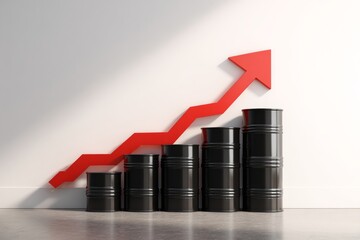 Fototapeta premium Black oil barrels arranged in a row show growth with red arrow on white wall in clear setting