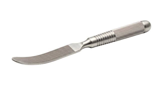 Professional stainless steel bone rasp, surgical orthopedic instrument with curved blade, medical rasping tool for bone smoothing and surgery
