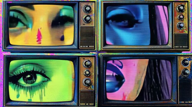 Vibrant pop art animation of four retro televisions displaying colorful close ups of female eyes and faces, with glitch style effects and bold neon hues creating a dynamic vintage media background