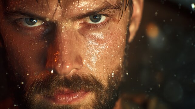 Intensity in Focus: An intense gaze from a determined individual, beads of perspiration reflecting determination, with a close-up of a person with a weathered look and a focused, intense gaze.