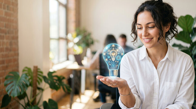 Federated learning network woman smiling holding glowing idea bulb in office