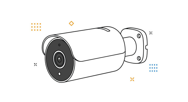 Line drawing of a modern bullet security camera for surveillance with decorative geometric patterns and shapes on a white background.