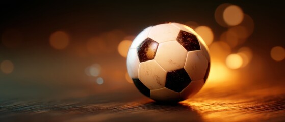 Naklejka premium Soccer Ball Brilliance: A meticulously detailed soccer ball rests on a surface, illuminated by a warm, golden glow. This image encapsulates the essence of the beautiful game, embodying sport.