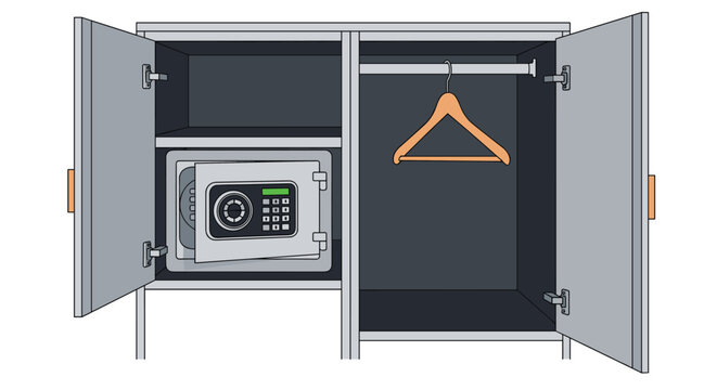 Open grey wardrobe cabinet with two compartments containing a digital hotel safe and a wooden clothes hanger on a metal rod.