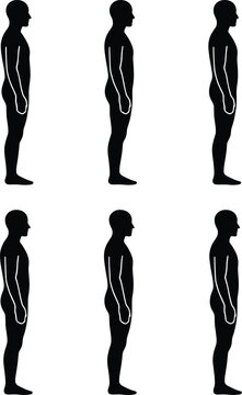 Set of male human body silhouette side views showing posture variations and standing positions in minimal vector style