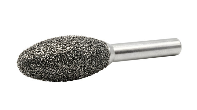 Diamond coated rotary burr bit for precision grinding, industrial metal carving tool with abrasive head, professional engraving attachment on white background
