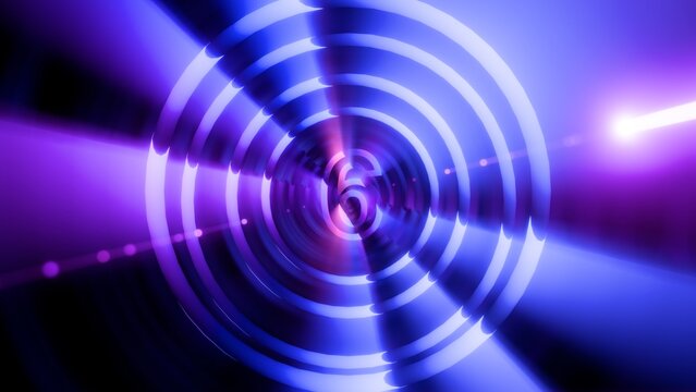 Abstract 3D Purple Neon Countdown Number 6 with Concentric Glowing Rings and Light Rays Background