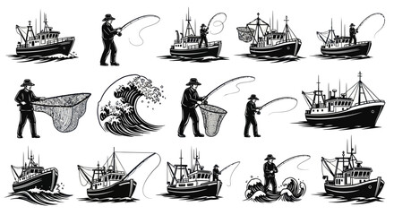 Fishermen at work on boats sea. © Bayu