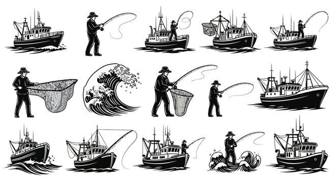 Fishermen at work on boats sea.