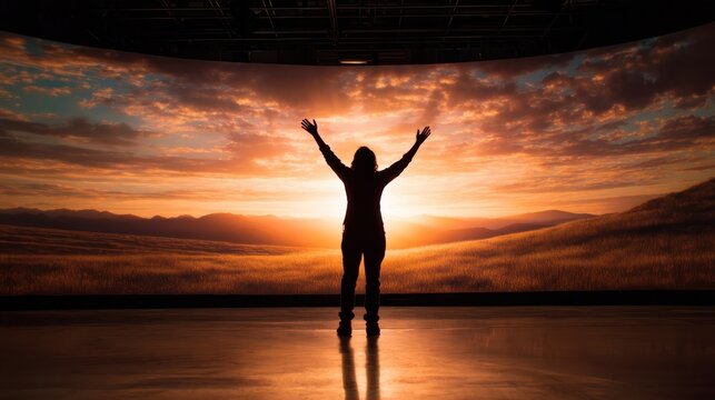 Embracing the Horizon: A person stands silhouetted against a breathtaking sunset, arms outstretched, feeling the warm embrace of nature, evoking a sense of awe and freedom.