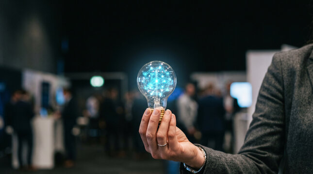 Federated learning network concept with glowing light bulb in hand at trade show