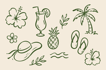 Obraz premium Tropical summer set green doodle pattern vector