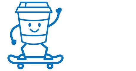 Cute happy paper coffee cup mascot character riding skateboard and waving greeting blue line art vector graphic illustration. © sticker01