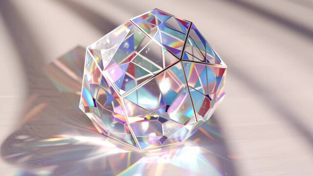Close up 3D render of an iridescent faceted crystal polyhedron resting on a smooth surface, casting soft rainbow light reflections and refractions, ideal for luxury, design and abstract backgrounds