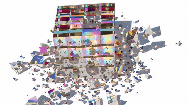 Dynamic footage of a multicolored glass cube breaking apart into reflective shards on a white background, creating a vibrant abstract explosion effect suitable for modern design and motion graphics