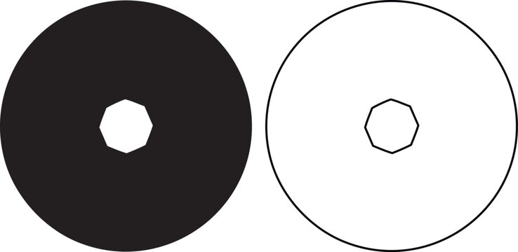 Black and white circular silhouettes with white inner circles and dots black circle white circle