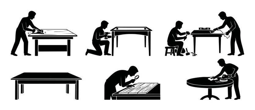Carpenter wood working icon set, furniture maker manual labor process silhouettes, craftsman building table, sanding, drilling and inspecting woodwork tasks for professional workshop design vector col